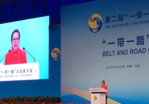 Image of Lt. Governor Kounalakis speaking to a crowd at the Belt and Road Conference in China