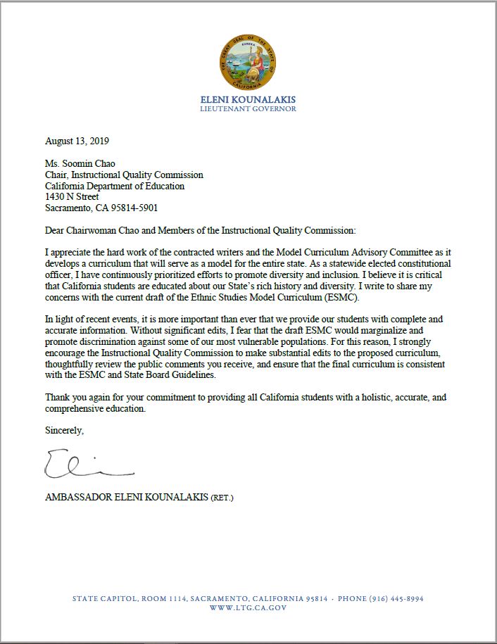 Letter from Lt. Governor Kounalakis to Chair Soomin Chao of the California Department of Education