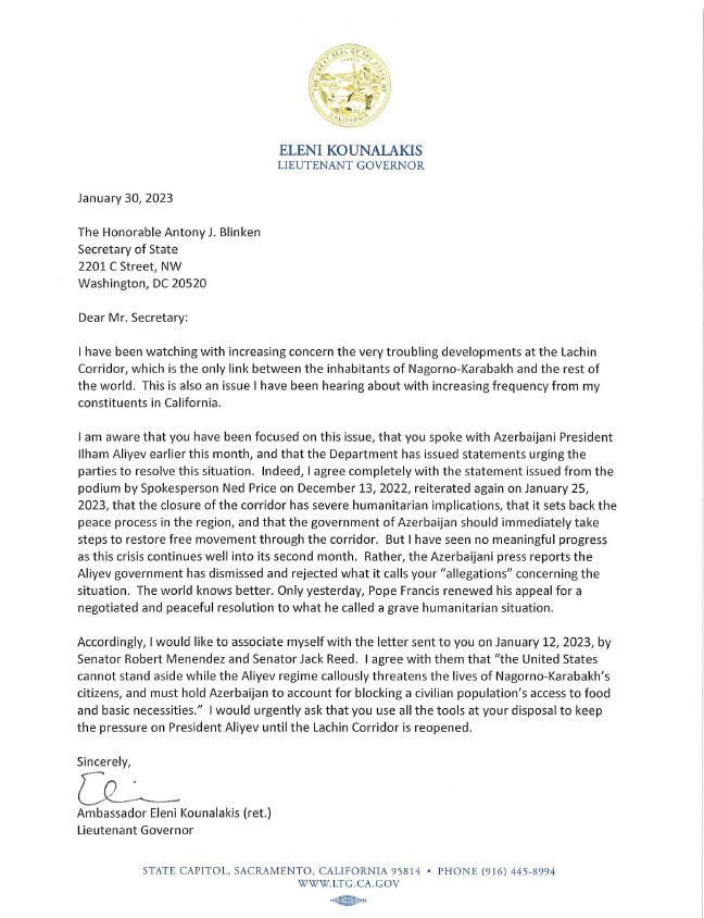 Letter by Lt. Governor Kounalakis response to the Nagorno-Karabakh blockade.