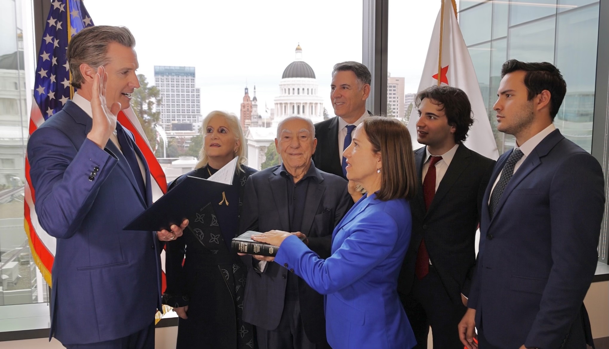 Image of Lt. Governor Kounalakis being sworn in by Governor Gavin Newsom