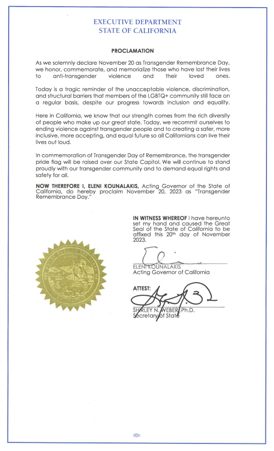 Image of the Proclamation for the Transgender Day of Remembrance