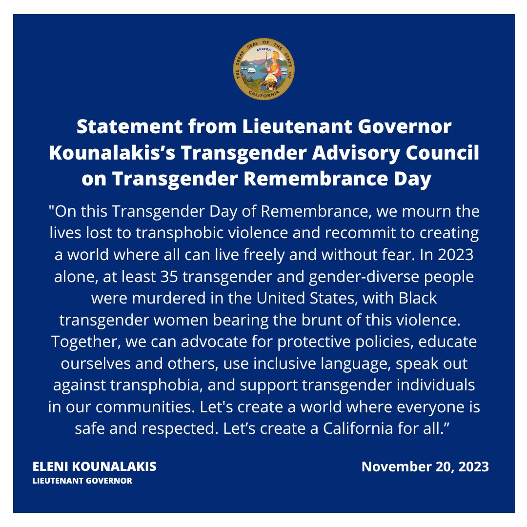 Image of Lieutenant Governor Kounalakis statement on Transgender Remembrance Day