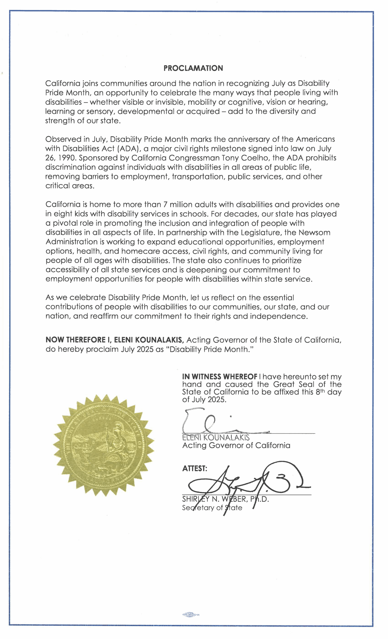 Image of proclamation for Disability Pride Month