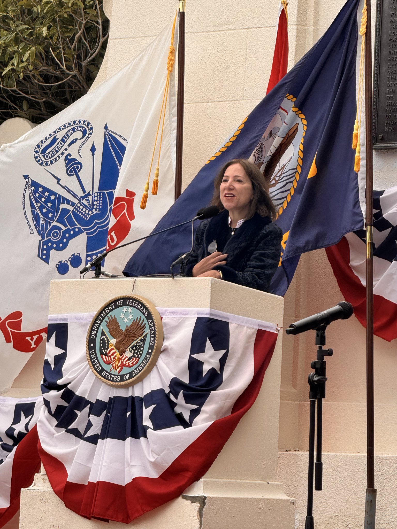 Lt. Gov Kounalakis speaking at the podium during the Memorial Day event in San Francisco, CA.