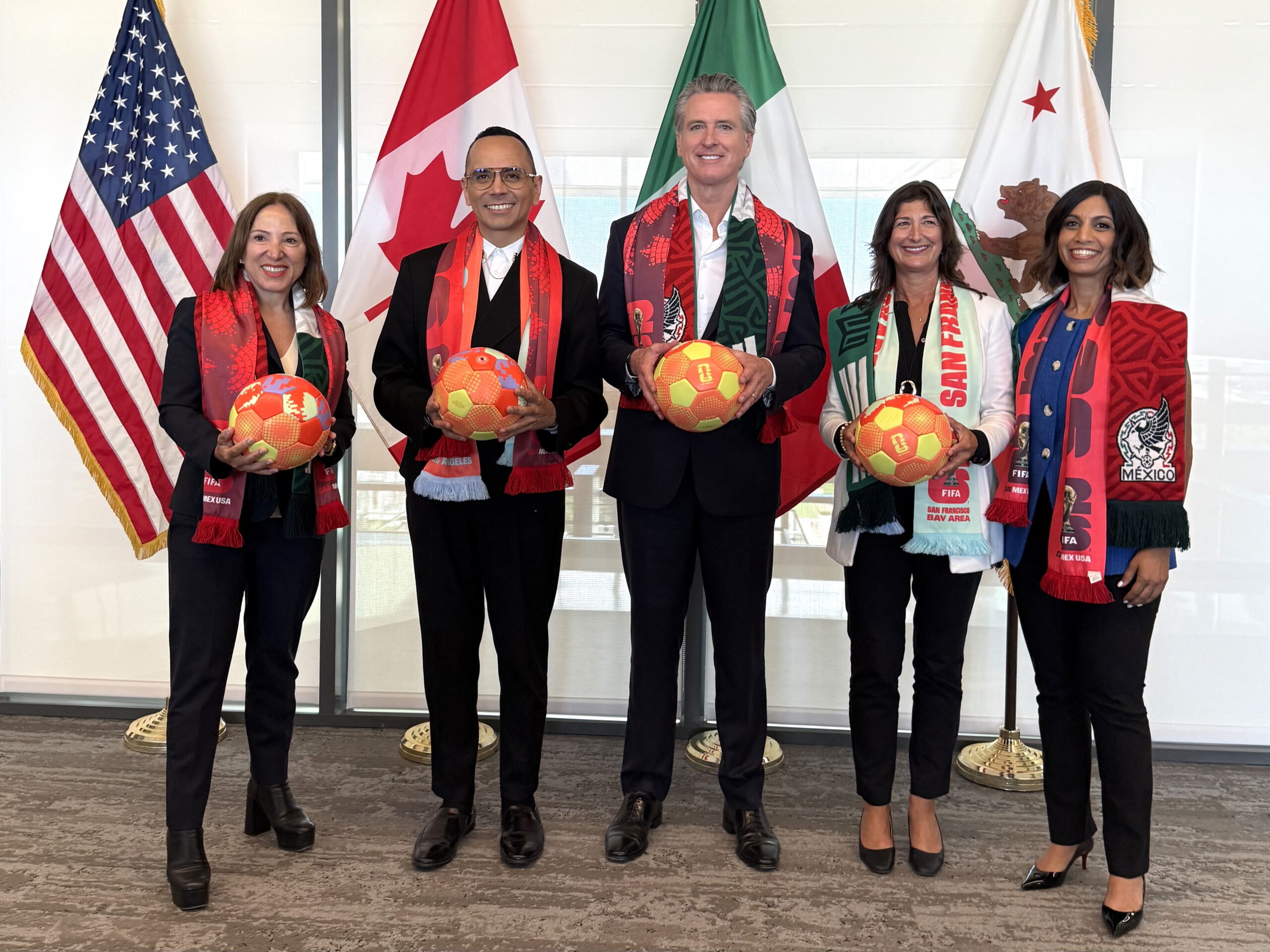 Image of Lt. Gov. Kounalakis with Governor Gavin Newsome, Consul Generals from Mexico and Canada as well as the Chairperson of the Bay Area Host Committee